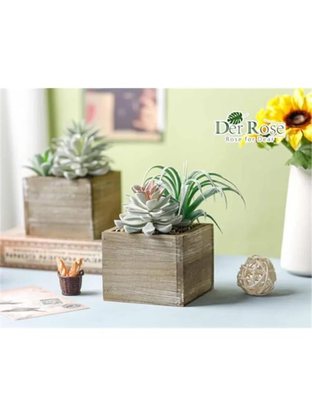 Artificial Cactus Succulent Plants Wood Planter Faux Desk Home Decor Set of 2